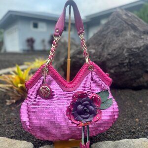 Sharif Designed in New York Pink Leather Sequin Fringe Shoulder Bag Magenta